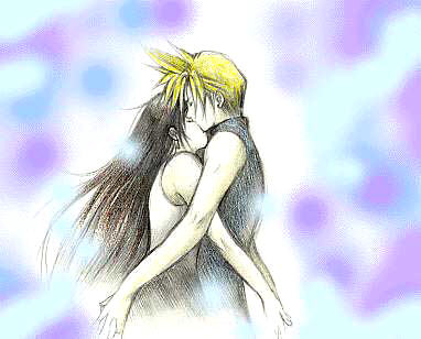 1boy 1girl black_hair blonde_hair blue_eyes cloud_strife cloud_tifa couple final_fantasy final_fantasy_vii hug kiss lowres red_eyes tifa_lockhart