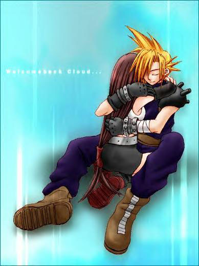 1boy 1girl ^_^ blonde_hair brown_hair character_name closed_eyes cloud_strife cloud_tifa final_fantasy final_fantasy_vii hug long_hair tifa_lockhart