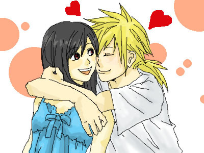 1boy 1girl :d black_hair blonde_hair closed_eyes cloud_strife cloud_tifa final_fantasy final_fantasy_vii heart hug hug_from_behind lowres red_eyes simple_background smile tifa_lockhart