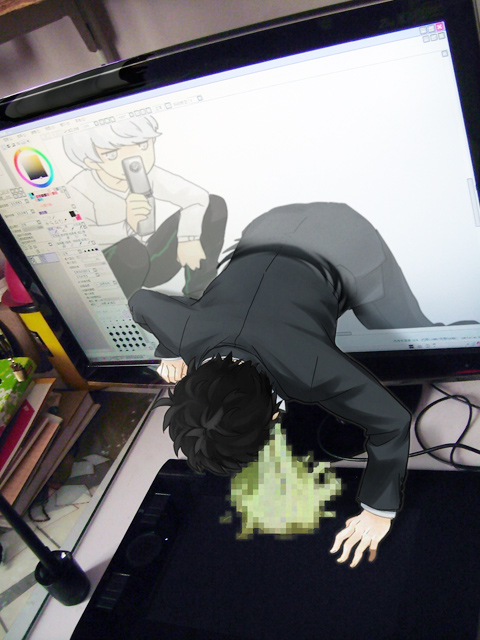 adachi_tohru cabbage camera_phone cellphone censored computer fake_censor monitor narukami_yuu painttool_sai persona persona_4 phone photo sunday31 through_screen vomit wacom