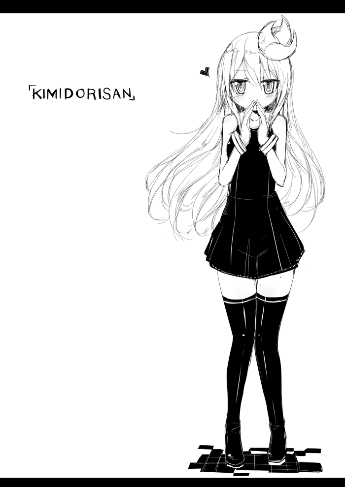 1girl blush character_name heart ico_(green_bullet) kimidori_(ico) letterboxed long_hair looking_at_viewer monochrome original simple_background solo thigh-highs white_background