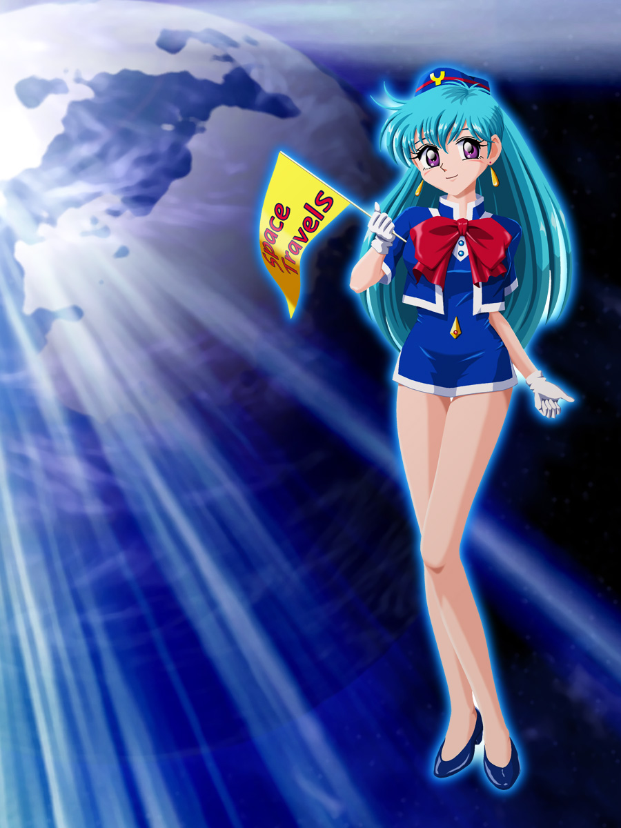 blue_hair legs long_hair miniskirt short_dress smile stewardess tenjouin_katsura