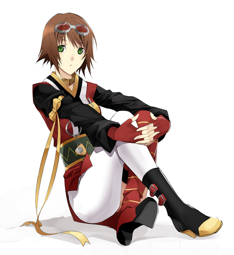 bad_id bob_cut brown_hair fingerless_gloves gloves goggles green_eyes izumi_(nagashi) leg_hug rita_mordio sitting solo tales_of_(series) tales_of_vesperia thighhighs