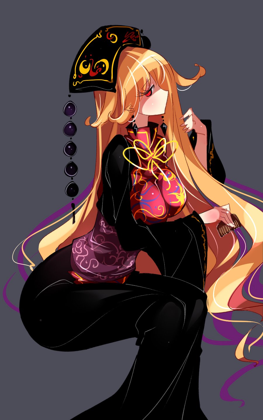 1girl bangs black_dress blonde_hair blush breasts comb commentary_request dress earrings eyebrows_visible_through_hair feet_out_of_frame grey_background headdress highres holding holding_comb invisible_chair jewelry junko_(touhou) large_breasts long_dress long_hair long_sleeves looking_at_viewer neck_ribbon profile purple_sash raptor7 red_eyes ribbon sash simple_background sitting solo tabard tassel touhou very_long_hair wide_sleeves yellow_neckwear yellow_ribbon