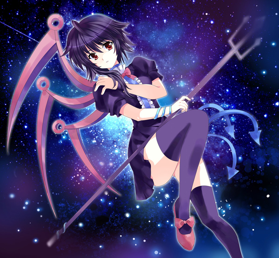 black_thighhighs dress houjuu_nue pico_(picollector79) polearm red_eyes short_hair thigh-highs thighhighs touhou trident weapon wings zettai_ryouiki