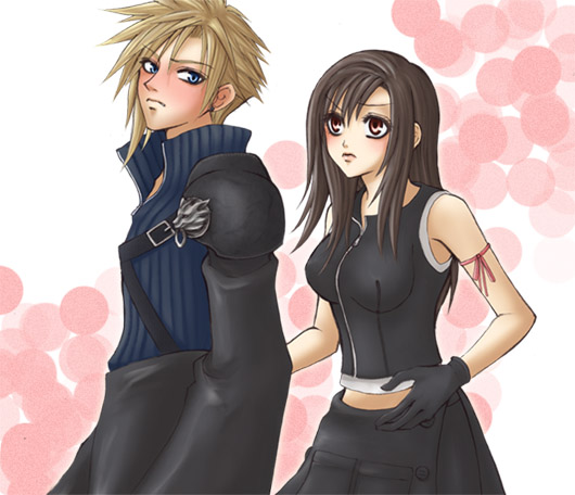 1boy 1girl blonde_hair blue_eyes brown_hair cloud_strife cloud_tifa final_fantasy final_fantasy_vii final_fantasy_vii_advent_children red_eyes ribbon simple_background tifa_lockhart