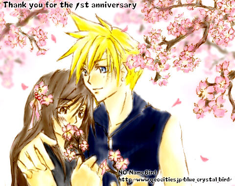 1boy 1girl blonde_hair blue_eyes brown_eyes brown_hair cherry_blossoms cloud_strife cloud_tifa final_fantasy final_fantasy_vii flower hug lowres smile tifa_lockhart