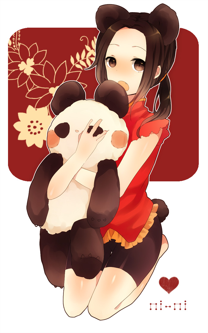 1boy axis_powers_hetalia bad_id bike_shorts china_(hetalia) crossdressing crossdressinging fang male miyako_(xxxbibit) myk open_mouth panda panda_ears solo stuffed_animal stuffed_toy tail trap