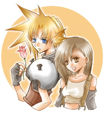 1boy 1girl :d blonde_hair blue_eyes brown_eyes brown_hair cloud_strife cloud_tifa final_fantasy final_fantasy_vii flower lowres smile tifa_lockhart