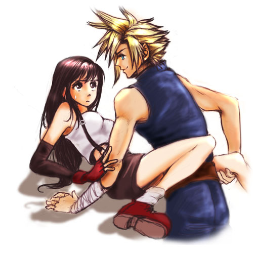 1boy 1girl bandages blonde_hair blue_eyes brown_eyes brown_hair cloud_strife cloud_tifa final_fantasy final_fantasy_vii fingerless_gloves frown looking_at_another miniskirt shadow smile suspenders sweatdrop tifa_lockhart white_background