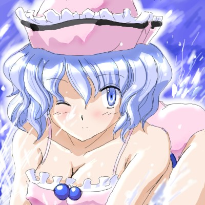 blue_hair blush breasts cleavage erect_nipples flx hat lowres merlin_prismriver short_hair touhou wink