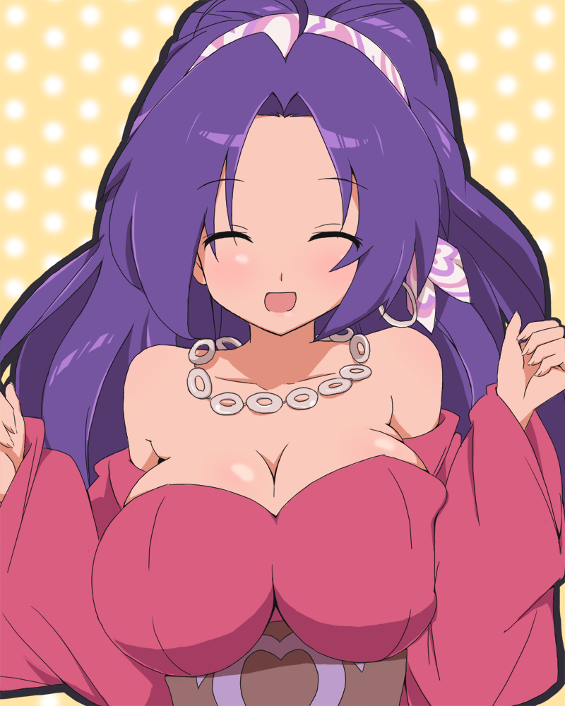 blush breasts cleavage closed_eyes idolmaster large_breasts long_hair miura_azusa purple_hair smile van-s