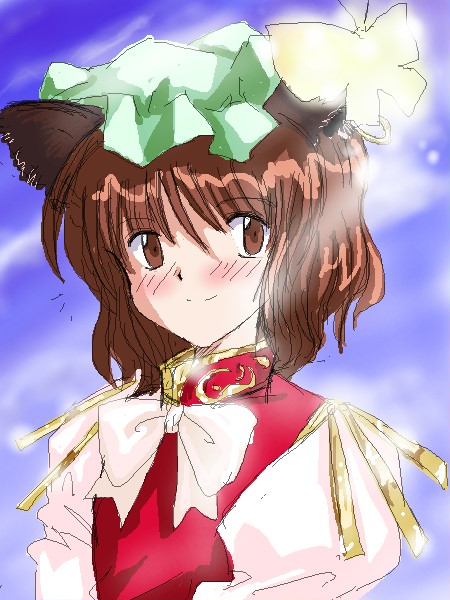 brown_eyes brown_hair cat_ears chen earrings flx hat jewelry short_hair touhou