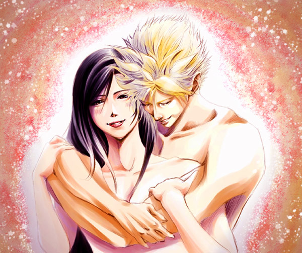 1boy 1girl blonde_hair brown_hair cloud_strife cloud_tifa final_fantasy final_fantasy_vii hug hug_from_behind looking_at_viewer nude red_eyes smile tifa_lockhart