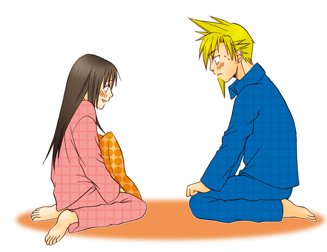 1boy 1girl blonde_hair blush brown_hair cloud_strife cloud_tifa earrings final_fantasy final_fantasy_vii pajamas pillow seiza simple_background tifa_lockhart