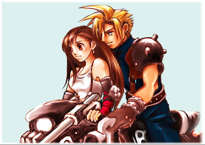 1boy 1girl blonde_hair blue_eyes blush brown_hair cloud_strife cloud_tifa final_fantasy final_fantasy_vii motorcycle red_eyes simple_background smile suspenders tifa_lockhart