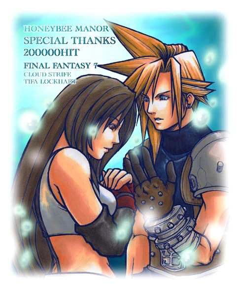 1boy 1girl blonde_hair blue_eyes brown_hair character_name cloud_strife cloud_tifa copyright_name earrings final_fantasy final_fantasy_vii fingerless_gloves long_hair red_eyes suspenders tifa_lockhart