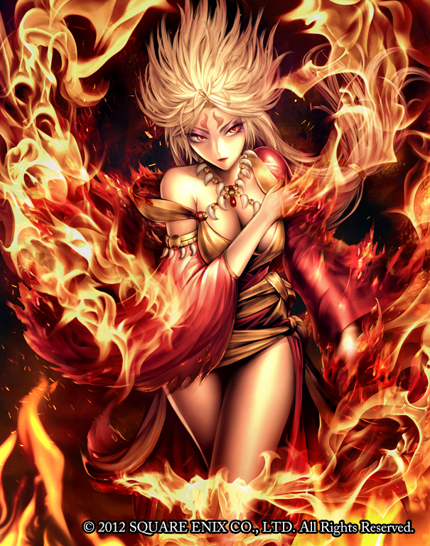 1girl 2012 blonde_hair breasts cleavage facial_mark fire forehead_mark guardian_cross long_hair official_art orange_eyes raypass red solo spiky_hair square_enix