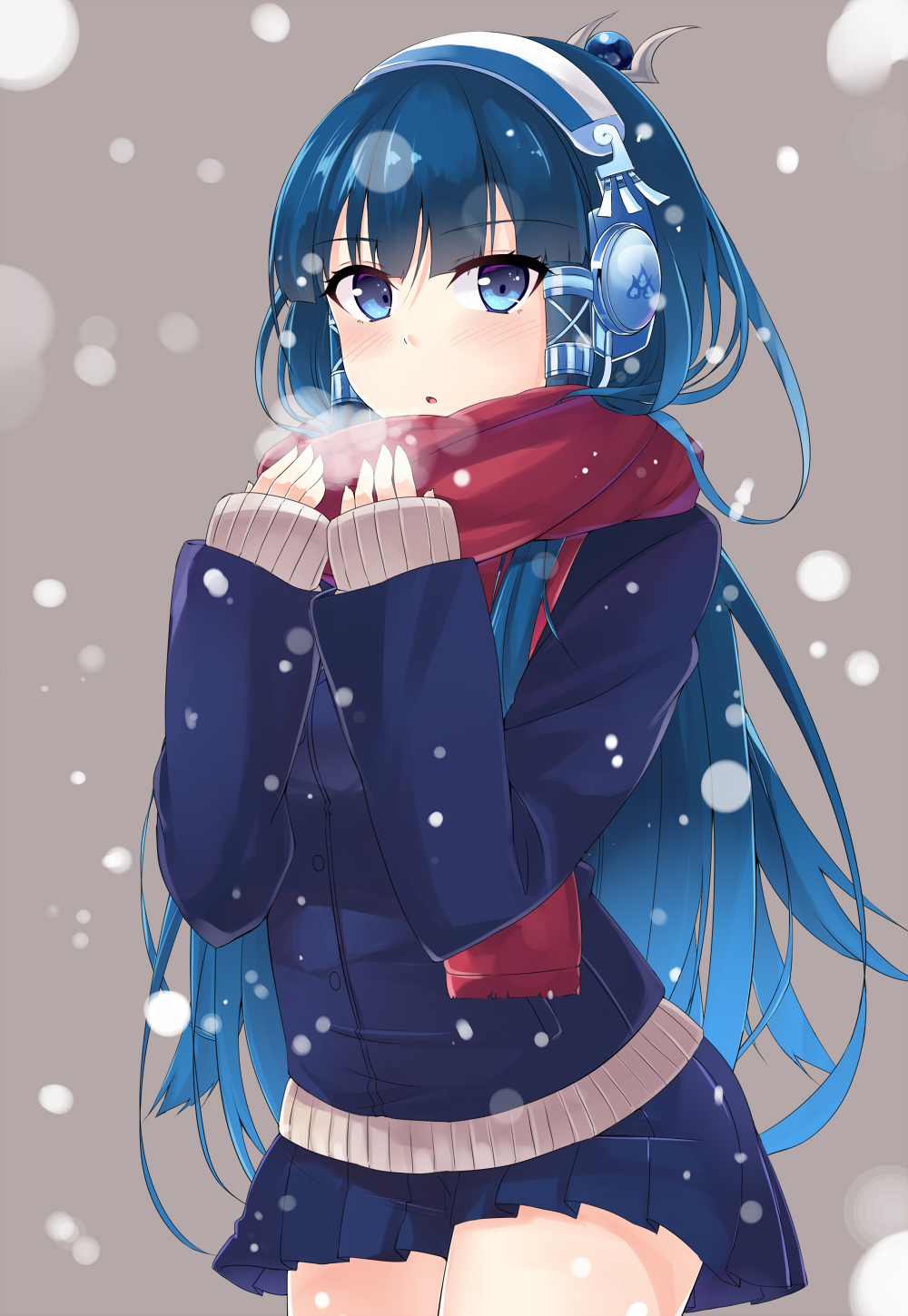1girl bangs blue_eyes blue_hair blunt_bangs breath headphones highres isis_(p&amp;d) kazami_chiu long_hair looking_at_viewer puzzle_&amp;_dragons scarf skirt solo winter_clothes