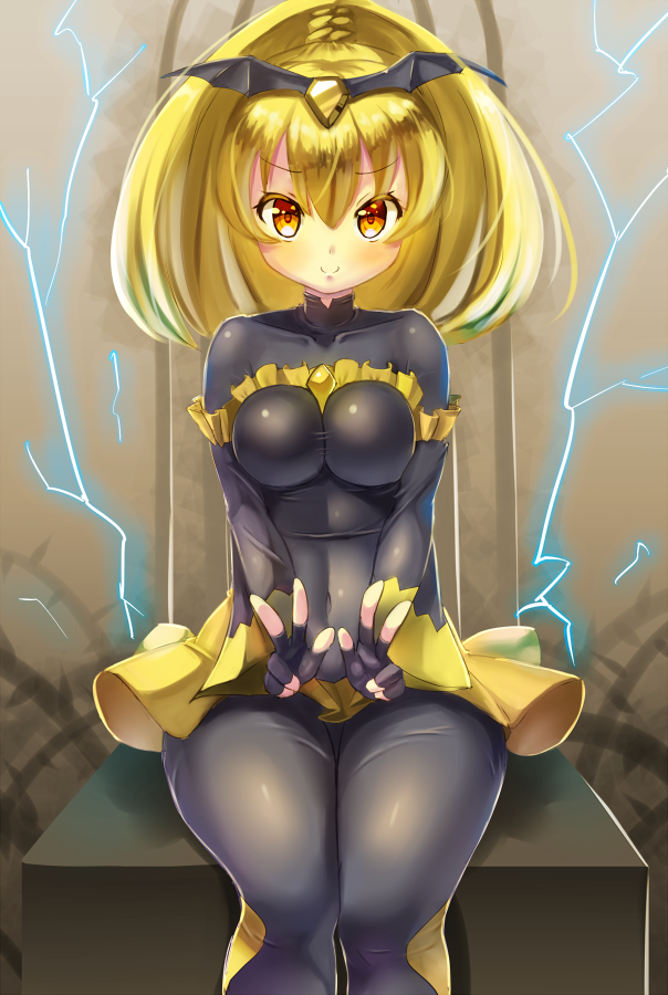 1girl amber_eyes bad_end_peace black_gloves blonde_hair bodysuit breasts collarbone covered_navel double_v fingerless_gloves gloves hair_ornament kazo large_breasts looking_at_viewer precure see-through sitting smile smile_precure! solo v yellow_eyes