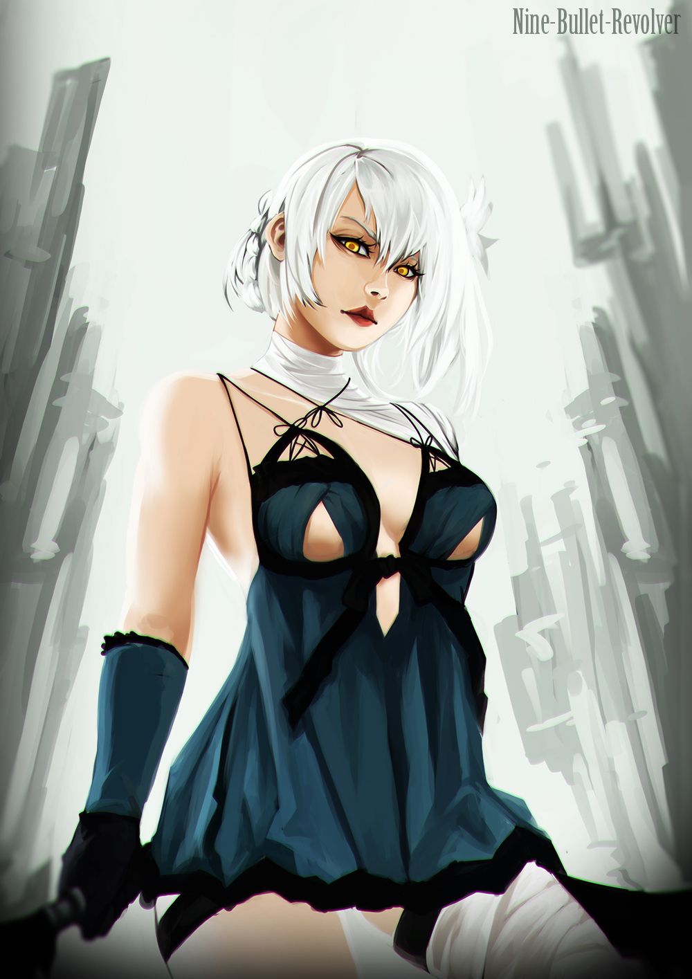 1girl bandages breasts gloves highres kaine_(nier) lingerie lips lipstick looking_at_viewer makeup negligee nier nine-bullet-revolver nose revealing_clothes silver_hair solo spaghetti_strap sword under_boob underwear weapon white_hair yellow_eyes