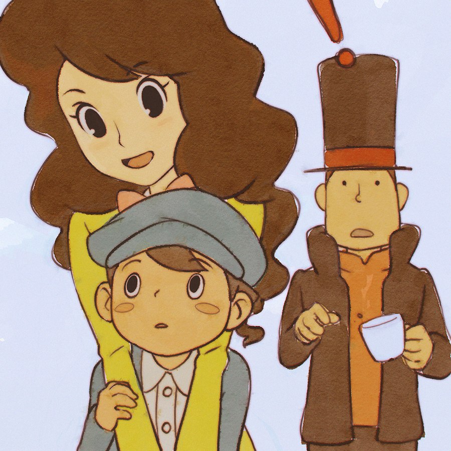 ! 1girl 2boys blush_stickers brown_hair hat hershel_layton ilya_kuvshinov long_hair luke_triton multiple_boys open_mouth professor_layton remi_altava short_hair top_hat