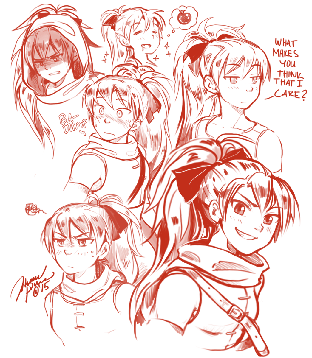 1girl blush collage ddhew expressions fantasy grin highres long_hair mahou_shoujo_madoka_magica monochrome sakura_kyouko sketch smile solo thief