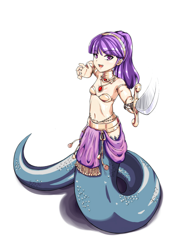 1girl armband armor bikini_armor btraphen choker fangs fighting_stance full_body guardian_cross jewelry lamia long_hair looking_at_viewer monster_girl navel pendant pointing_sword ponytail purple_hair scales shadow simple_background solo sword violet_eyes weapon white_background