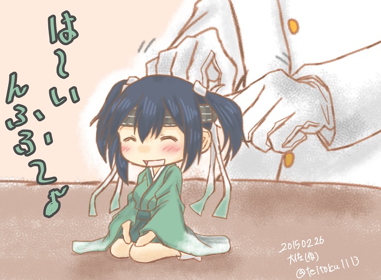 1boy 1girl adjusting_headwear admiral_(kantai_collection) black_hair chibi closed_eyes dated gloves hair_ribbon happy headband japanese_clothes kantai_collection military military_uniform naval_uniform ribbon seiza signature sitting smile souryuu_(kantai_collection) taisa_(kari) translated twintails twitter_username uniform