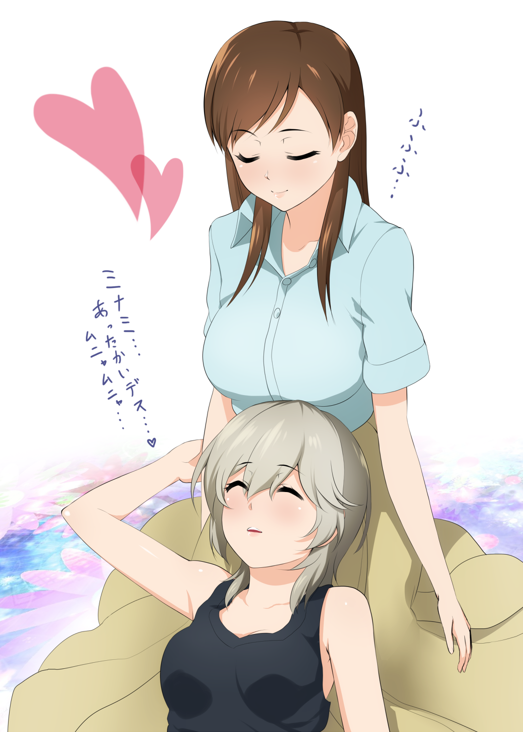 2girls anastasia_(idolmaster) bare_arms bare_shoulders breasts brown_hair closed_eyes commentary_request heart highres idolmaster idolmaster_cinderella_girls lap_pillow large_breasts lying mattari_yufi multiple_girls nitta_minami on_back on_lap parted_lips shirt short_sleeves silver_hair skirt sleeveless sleeveless_shirt smile translation_request