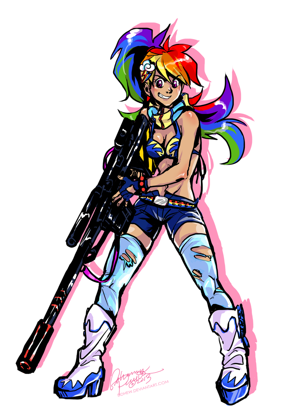 1girl anti-materiel_rifle bikini_top boots breasts cleavage cosplay cowboy_boots ddhew fingerless_gloves full_body gloves grin gun hair_ornament highres huge_weapon long_hair midriff multicolored_hair my_little_pony my_little_pony_friendship_is_magic personification ponytail rainbow_dash rainbow_hair rifle scarf shorts smile sniper_rifle solo tengen_toppa_gurren_lagann thigh-highs torn_clothes torn_thighhighs transparent_background violet_eyes weapon yoko_littner yoko_littner_(cosplay)