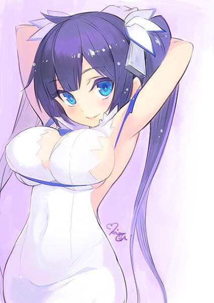 1girl arm_ribbon arms_up artist_name black_hair blue_eyes blush breasts cleavage covered_navel dress dungeon_ni_deai_wo_motomeru_no_wa_machigatteiru_darou_ka gloves hair_ornament hair_ribbon hestia_(danmachi) large_breasts lips long_hair looking_at_viewer minoa_(lastswallow) pulling purple_hair rei_no_himo ribbon signature solo white_dress white_gloves