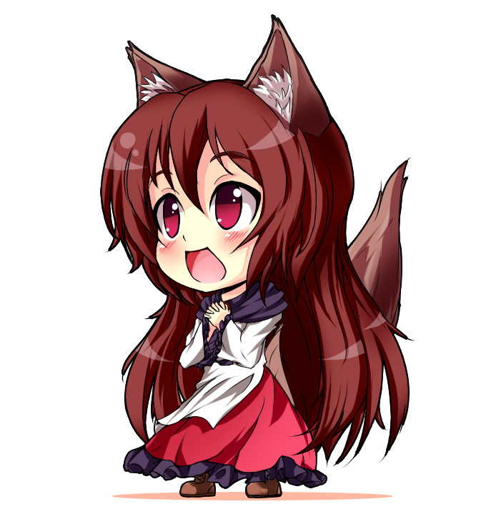 1girl :d animal_ears blush boots brown_hair chibi dress hands_clasped hyoumon_(saihokutan) imaizumi_kagerou layered_dress long_hair no_pupils open_mouth red_eyes smile solo tail touhou very_long_hair wolf_ears wolf_tail