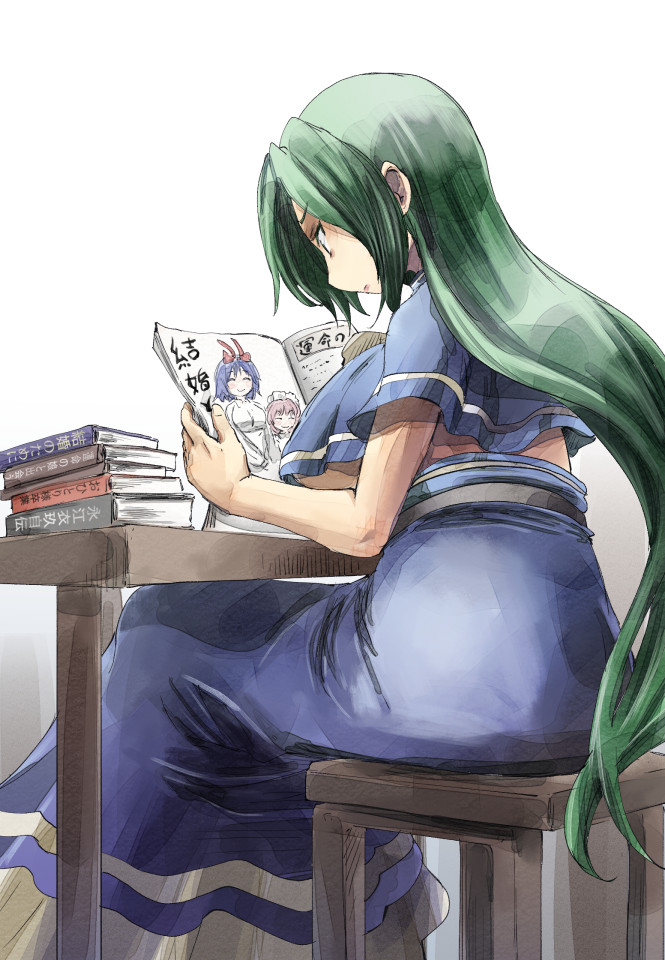 1girl blue_dress book breasts capelet chair commentary_request cover dress fairy_maid green_hair large_breasts long_hair magazine_cover mima nagae_iku no_hat reading sitting solo touhou touhou_(pc-98) translation_request very_long_hair yohane