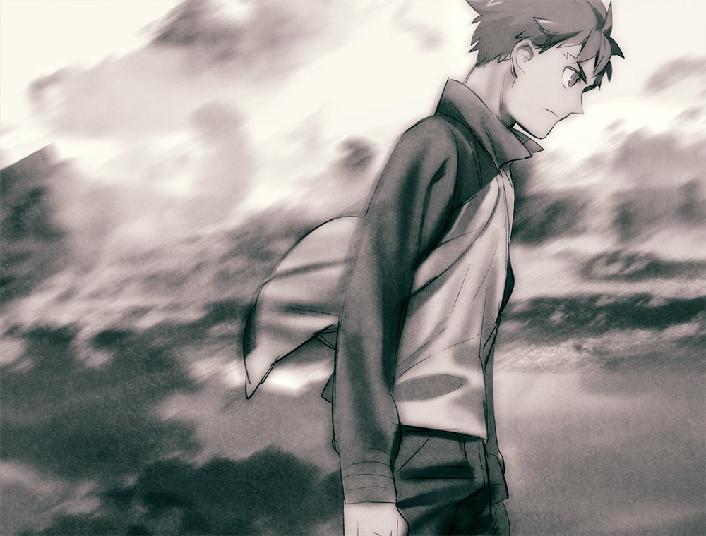 1boy emiya_shirou fate/stay_night fate_(series) monochrome solo tam_(cuq) track_jacket