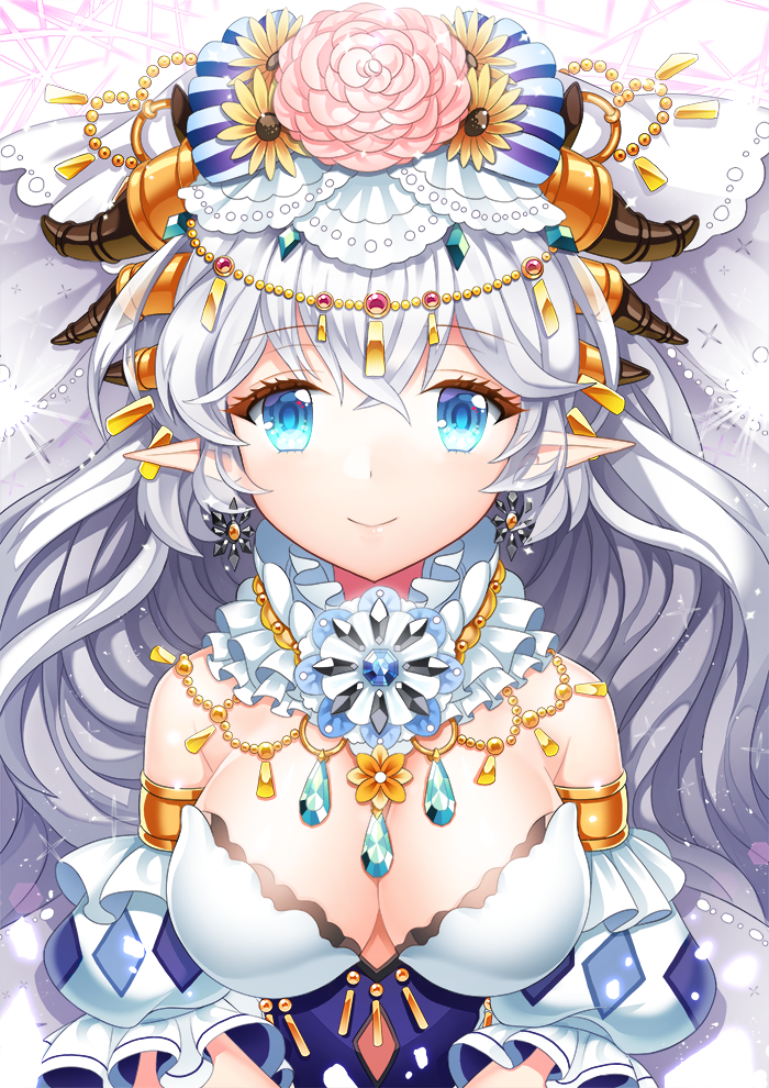 1girl :&gt; armlet blue_eyes breasts detached_sleeves earrings flower headdress jewelry long_hair looking_at_viewer original pointy_ears puchipu puffy_sleeves silver_hair smile solo sparkle upper_body