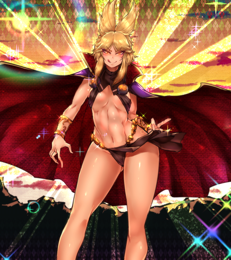 1girl abs adapted_costume blonde_hair bracelet breasts cape come_hither glowing glowing_eyes jewelry jojo_no_kimyou_na_bouken licking_lips loincloth loincloth_lift looking_at_viewer navel parody pointy_hair revealing_clothes sekiyu_(spartan) sling_bikini smile solo swimsuit touhou toyosatomimi_no_miko yellow_eyes