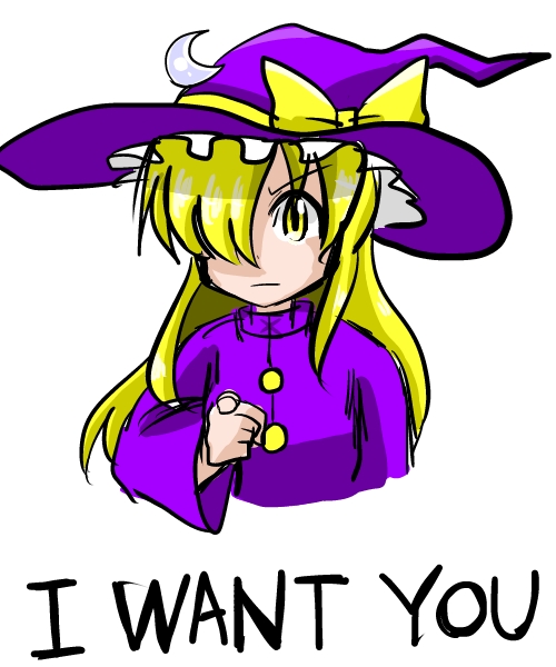 1girl blonde_hair english hat i_want_you kirisame_marisa kirisame_marisa_(pc-98) long_hair miera pointing pointing_at_viewer touhou touhou_(pc-98) witch_hat yellow_eyes