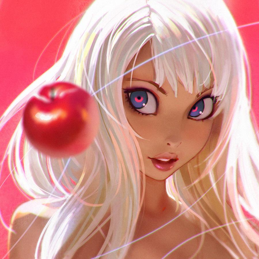 1girl apple food fruit ilya_kuvshinov long_hair open_mouth original portrait red_eyes shirtless simple_background solo white_hair