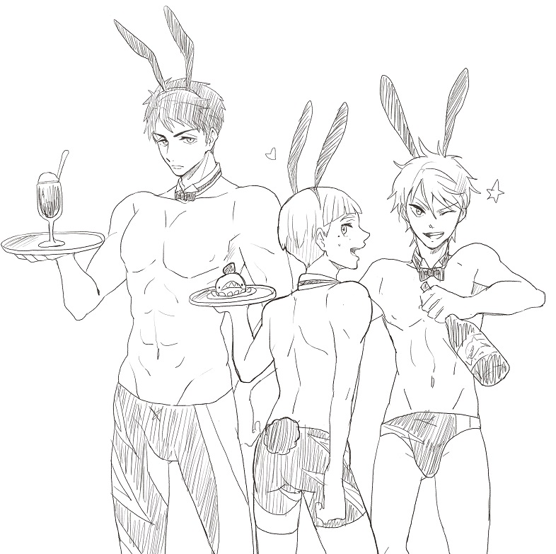 3boys animal_ears bottle bunny_boy bunny_tail detached_collar fake_animal_ears fake_tail free! jammers male_focus mikoshiba_momotarou monochrome multiple_boys nitori_aiichirou one_eye_closed open_mouth rabbit_ears ronisuke smile sparkle swim_briefs tail tray yamazaki_sousuke