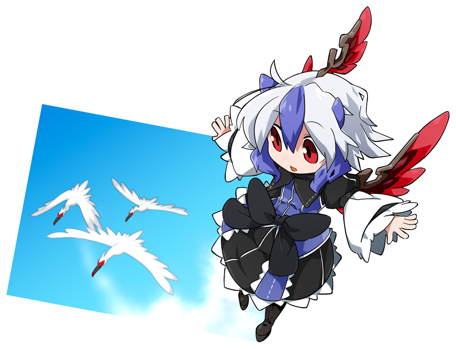 1girl ahoge bird blue_hair byourou crested_ibis head_wings horns multicolored_hair multiple_girls open_mouth red_eyes short_hair silver_hair single_head_wing smile solo tokiko_(touhou) touhou two-tone_hair wings