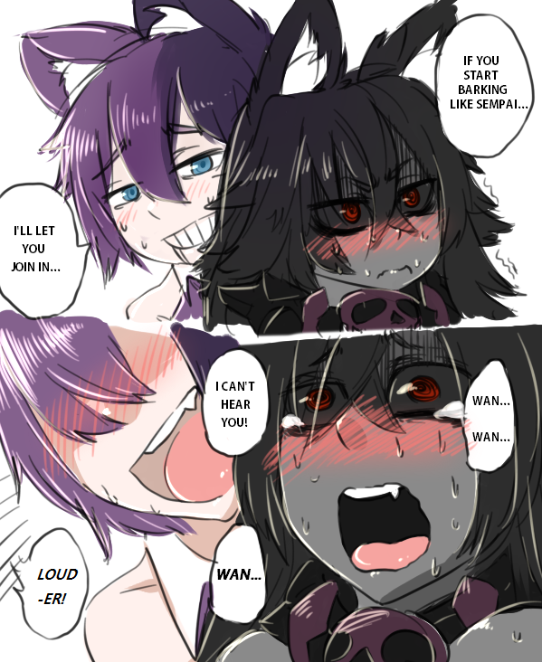 2girls 2koma animal_ears barking black_hair black_sclera blue_eyes blush cat_ears cheshire_cat_(monster_girl_encyclopedia) collar comic dog_ears english fang grey_skin grin hellhound j.k. monster_girl monster_girl_encyclopedia multicolored_hair multiple_girls purple_hair red_eyes sexually_suggestive smile sweat tears yuri