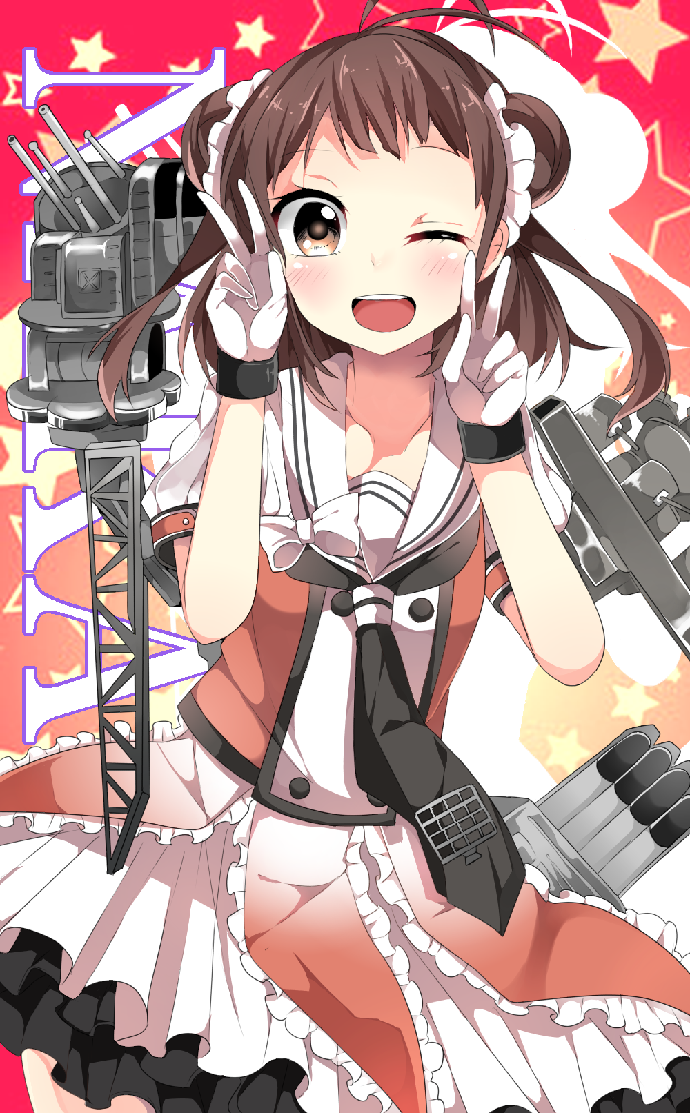 1girl :d aircraft_catapult antenna_hair character_name cowboy_shot double_bun double_v frilled_skirt frills gloves highres kantai_collection machinery mipe naka_(kantai_collection) neckerchief one_eye_closed open_mouth pleated_skirt puffy_short_sleeves puffy_sleeves remodel_(kantai_collection) sailor_collar school_uniform serafuku short_sleeves skirt smile solo twintails v white_gloves white_skirt