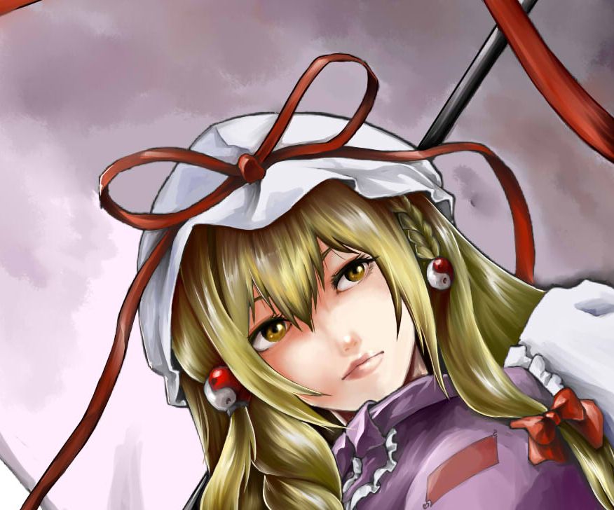 1girl alternate_hairstyle blonde_hair braid breasts dress dutch_angle eyebrows gradient gradient_background hair_bobbles hair_ornament hairclip hat hat_ribbon lips looking_to_the_side mob_cap nose perspective pink_lips purple_background ribbon silhouette single_braid solo tabard tagme tn_(nakamatic-arsenal) touhou upper_body white_dress yakumo_yukari yellow_eyes