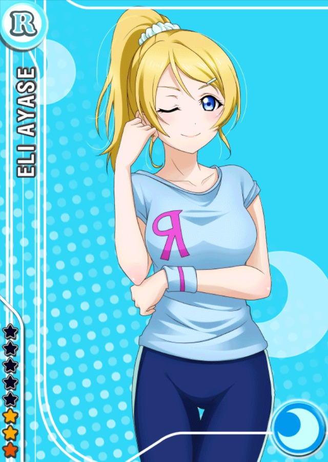 1girl ;) ayase_eli backwards_text bangs blonde_hair blue_background blue_eyes blue_pants blue_shirt blush breast_hold card_(medium) character_name collarbone crescent_moon hair_ornament hairclip high_ponytail holding_elbow looking_at_viewer love_live!_school_idol_festival love_live!_school_idol_project moon official_art one_eye_closed scrunchie shirt short_hair short_sleeves smile solo standing star sweatband swept_bangs thigh_gap