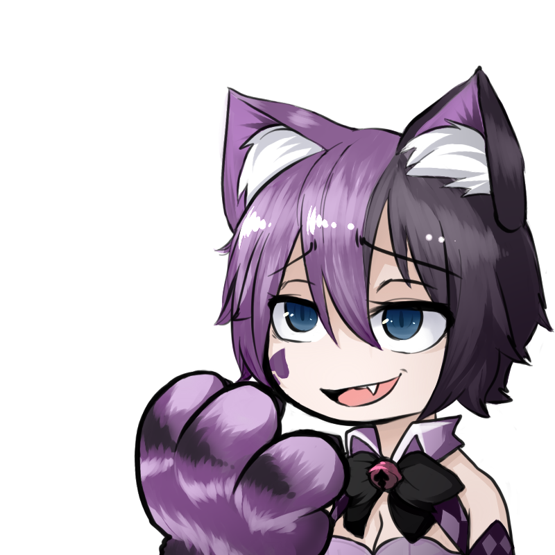 1girl :d animal_ears bell black_hair blue_eyes bow breasts cat_ears cat_paws cheshire_cat_(monster_girl_encyclopedia) claws cleavage facial_tattoo fang j.k. monster_girl monster_girl_encyclopedia multicolored_hair open_mouth paws portrait purple_hair simple_background slit_pupils smile solo tattoo white_background