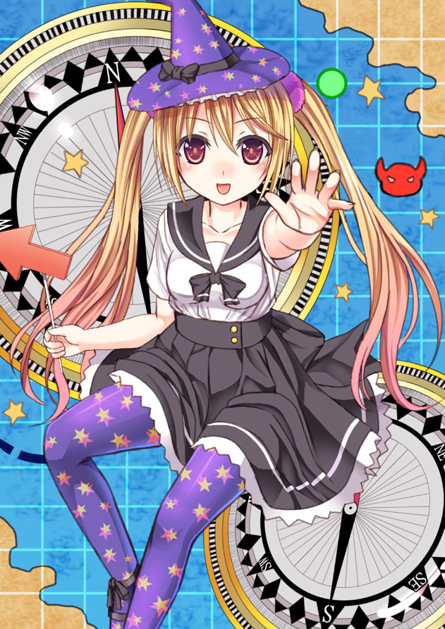 1girl :d bangs blonde_hair blush bow buttons collarbone compass directional_arrow fingernails frills gradient_hair grid hat hat_bow holding ikeda_yuuki kantai_collection lace lace-trimmed_skirt long_fingernails long_hair looking_at_viewer low_twintails majokko_(kantai_collection) map multicolored_hair open_mouth outstretched_arm pantyhose pleated_skirt print_legwear purple_legwear rashinban_musume red_eyes revision ribbon school_uniform scrunchie serafuku shirt shoes short_sleeves sitting skirt smile solo star star_print twintails very_long_hair witch_hat