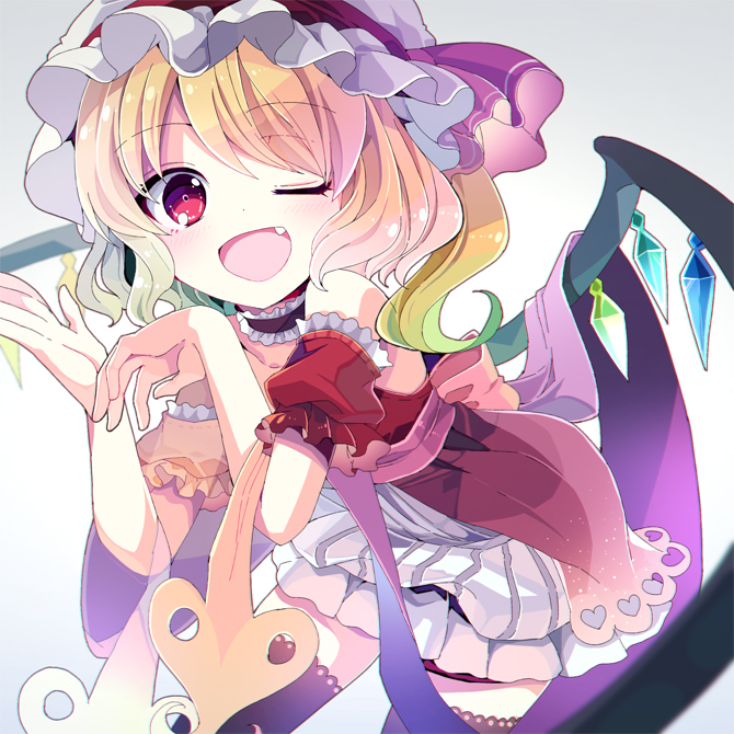 1girl ;d alternate_costume black_legwear blonde_hair blush choker detached_sleeves dress fang flandre_scarlet fruit_punch hat laevatein looking_at_viewer one_eye_closed open_mouth red_eyes short_hair side_ponytail simple_background smile solo thigh-highs touhou wings zettai_ryouiki