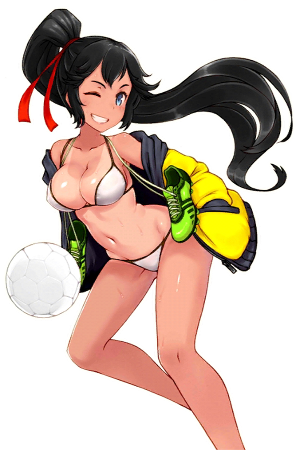 1girl artist_request ball bare_legs bikini black_hair blue_eyes breasts cleavage grin hair_ribbon hands_in_pockets high_ponytail jacket jpeg_artifacts large_breasts navel one-piece_tan one_eye_closed ponytail ribbon shiny shiny_skin shoes simple_background smile sneakers soccer_ball soccer_spirits solo string_bikini sue_(soccer_spirits) sweat swimsuit tan tanline white_background