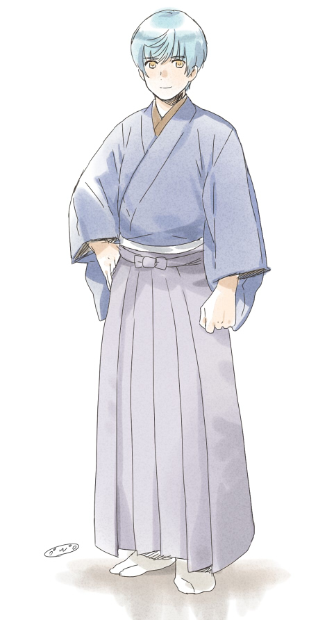 1boy aqua_hair brown_eyes full_body hakama ichigo_hitofuri japanese_clothes kimono looking_at_viewer male_focus mizuhara_aki no_shoes short_hair solo standing tabi touken_ranbu white_background